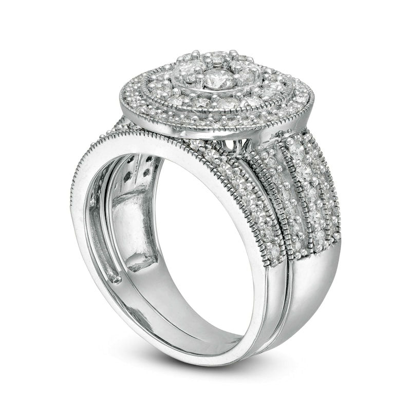 1.5 CT. T.W. Composite Natural Diamond Double Frame Multi-Row Antique Vintage-Style Bridal Engagement Ring Set in Solid 10K White Gold