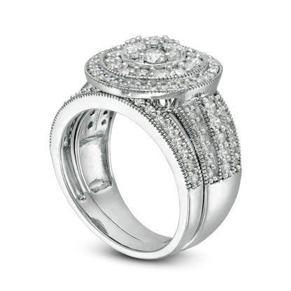 1.5 CT. T.W. Composite Natural Diamond Double Frame Multi-Row Antique Vintage-Style Bridal Engagement Ring Set in Solid 10K White Gold