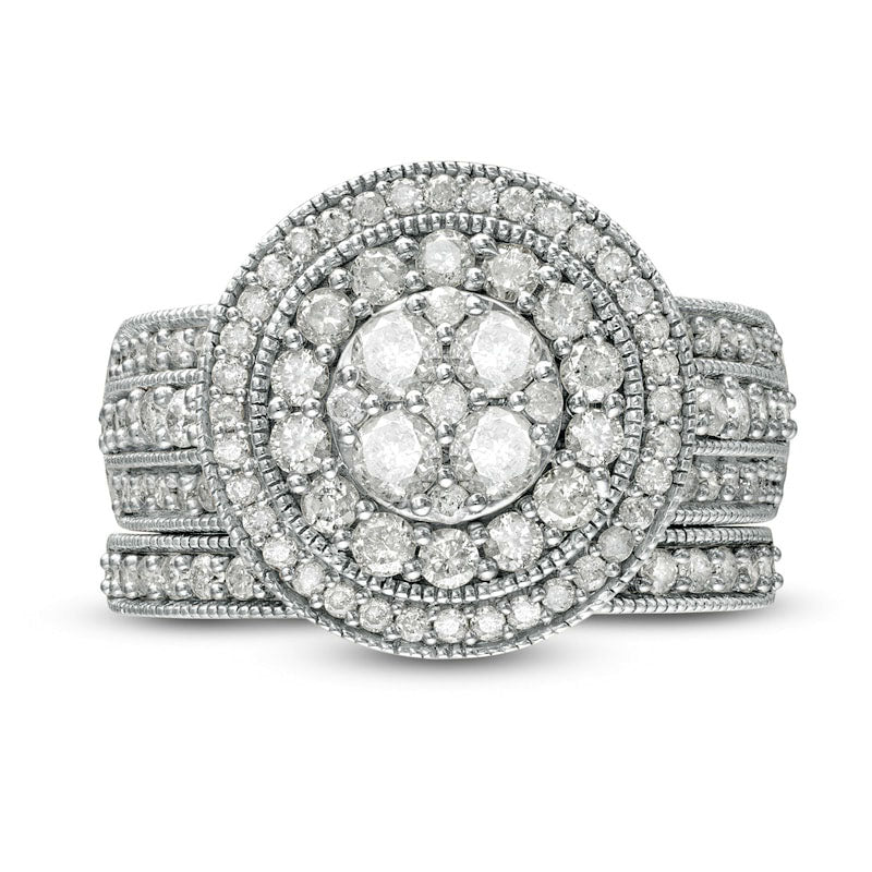 1.5 CT. T.W. Composite Natural Diamond Double Frame Multi-Row Antique Vintage-Style Bridal Engagement Ring Set in Solid 10K White Gold