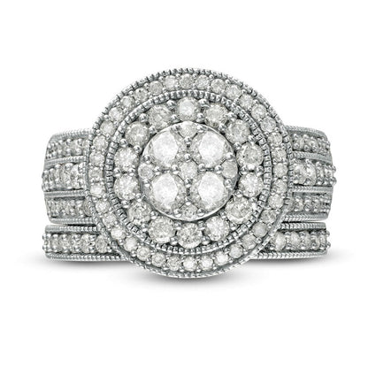 1.5 CT. T.W. Composite Natural Diamond Double Frame Multi-Row Antique Vintage-Style Bridal Engagement Ring Set in Solid 10K White Gold