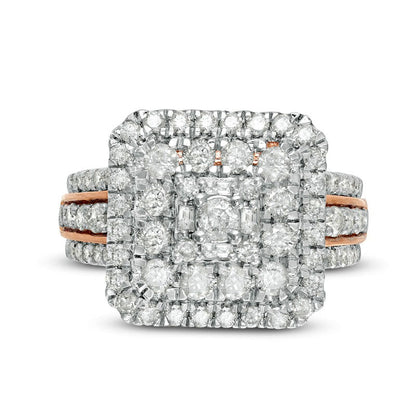 2.13 CT. T.W. Composite Natural Diamond Double Cushion Frame Multi-Row Engagement Ring in Solid 10K Rose Gold