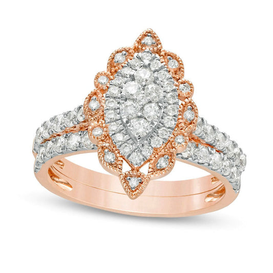 1.0 CT. T.W. Composite Natural Diamond Scallop Marquise Frame Antique Vintage-Style Bridal Engagement Ring Set in Solid 10K Rose Gold