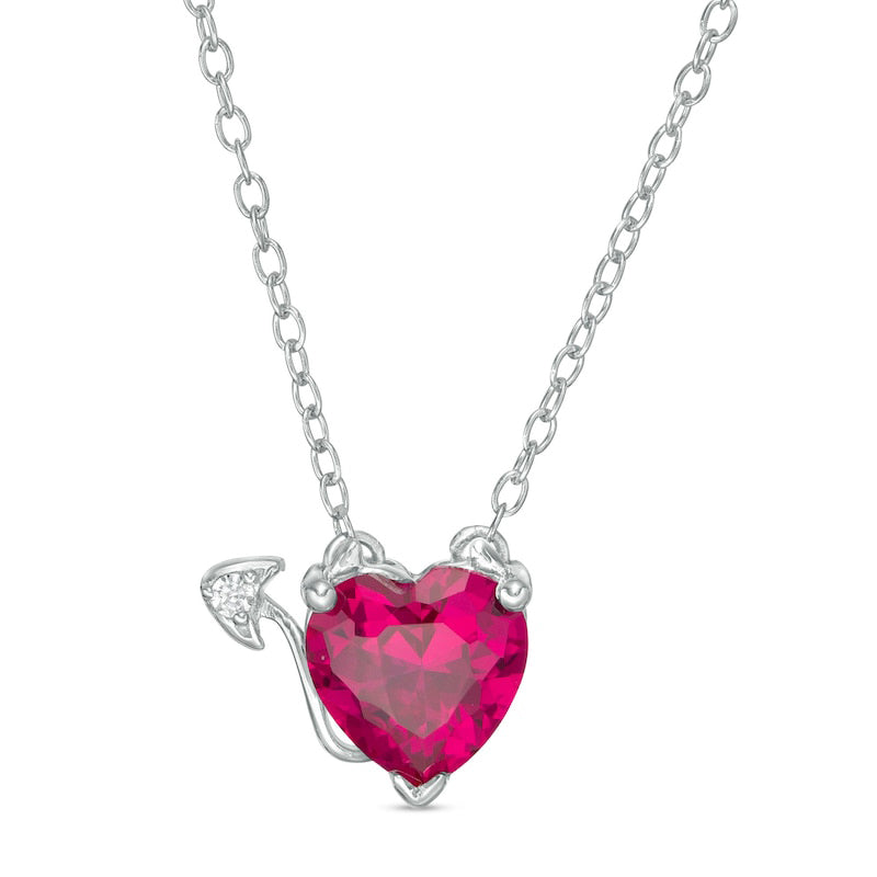 7.0mm Lab-Created Ruby and Diamond Accent Devil Heart Necklace in 10K White Gold