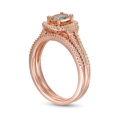 Oval Morganite and 0.33 CT. T.W. Natural Diamond Cushion Frame Collared Split Shank Bridal Engagement Ring Set in Solid 10K Rose Gold