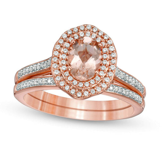 Oval Morganite and 0.25 CT. T.W. Natural Diamond Double Frame Floral Bridal Engagement Ring Set in Solid 10K Rose Gold