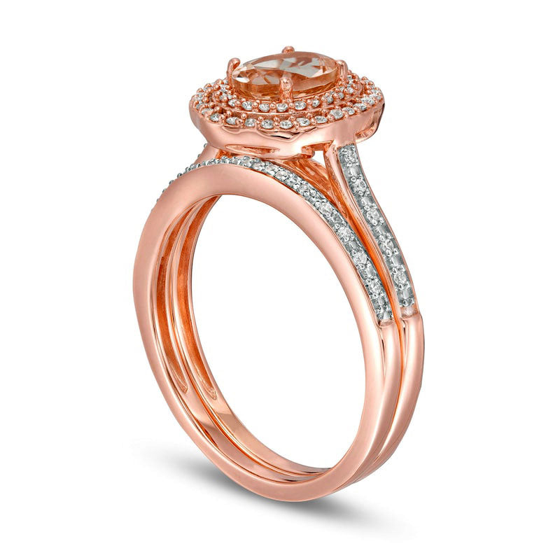 Oval Morganite and 0.25 CT. T.W. Natural Diamond Double Frame Floral Bridal Engagement Ring Set in Solid 10K Rose Gold