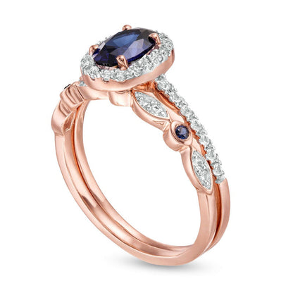 Oval Lab-Created Blue and White Sapphire Frame Art Deco Bridal Engagement Ring Set in Solid 10K Rose Gold