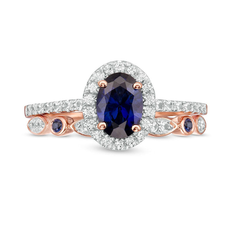 Oval Lab-Created Blue and White Sapphire Frame Art Deco Bridal Engagement Ring Set in Solid 10K Rose Gold