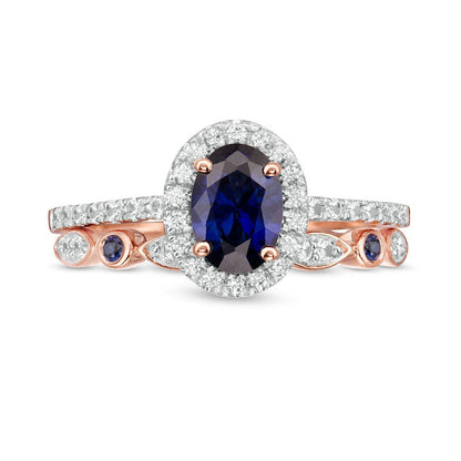 Oval Lab-Created Blue and White Sapphire Frame Art Deco Bridal Engagement Ring Set in Solid 10K Rose Gold