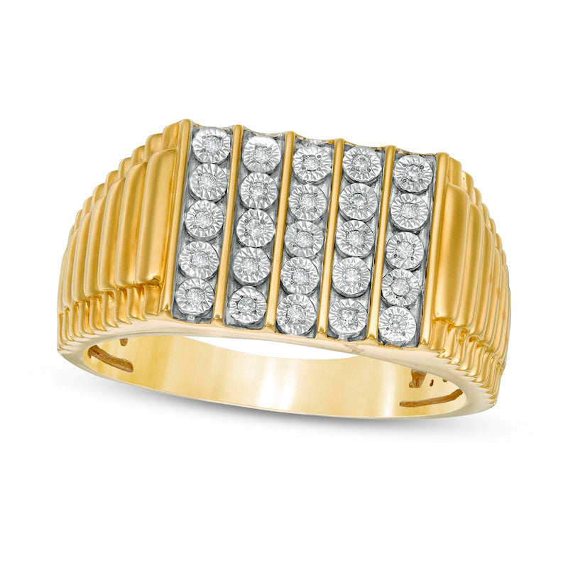 Men's 0.10 CT. T.W. Natural Diamond Rectangle-Top Vertical Five Row Ring in Solid 10K Yellow Gold