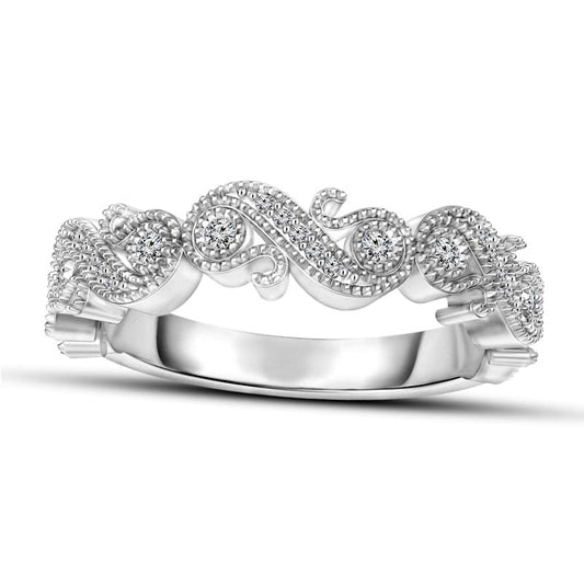 0.13 CT. T.W. Natural Diamond Antique Vintage-Style Swirl Stackable Band in Solid 10K White Gold