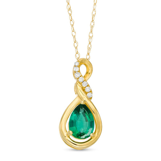 Pear-Shaped Lab-Created Emerald and Diamond Accent Cascading Teardrop Pendant in 10K Yellow Gold
