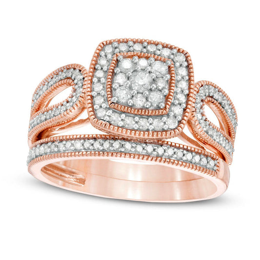 0.50 CT. T.W. Composite Natural Diamond Cushion Frame Looped Antique Vintage-Style Bridal Engagement Ring Set in Solid 10K Rose Gold