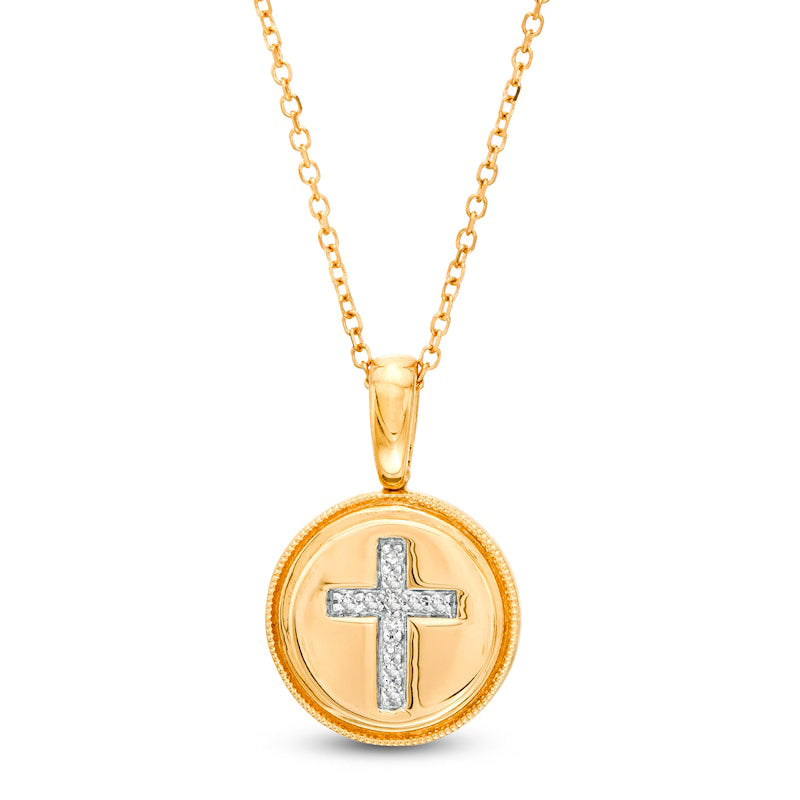 0.05 CT. T.W. Natural Diamond Cross Beaded Frame Disc Pendant in 14K Gold