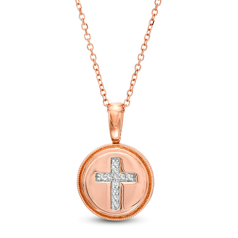 0.05 CT. T.W. Natural Diamond Cross Beaded Frame Disc Pendant in 14K Rose Gold