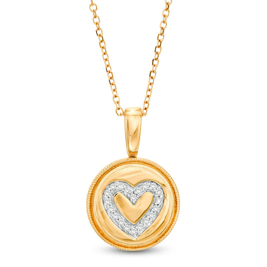 0.05 CT. T.W. Natural Diamond Heart Outline Beaded Frame Disc Pendant in 14K Gold