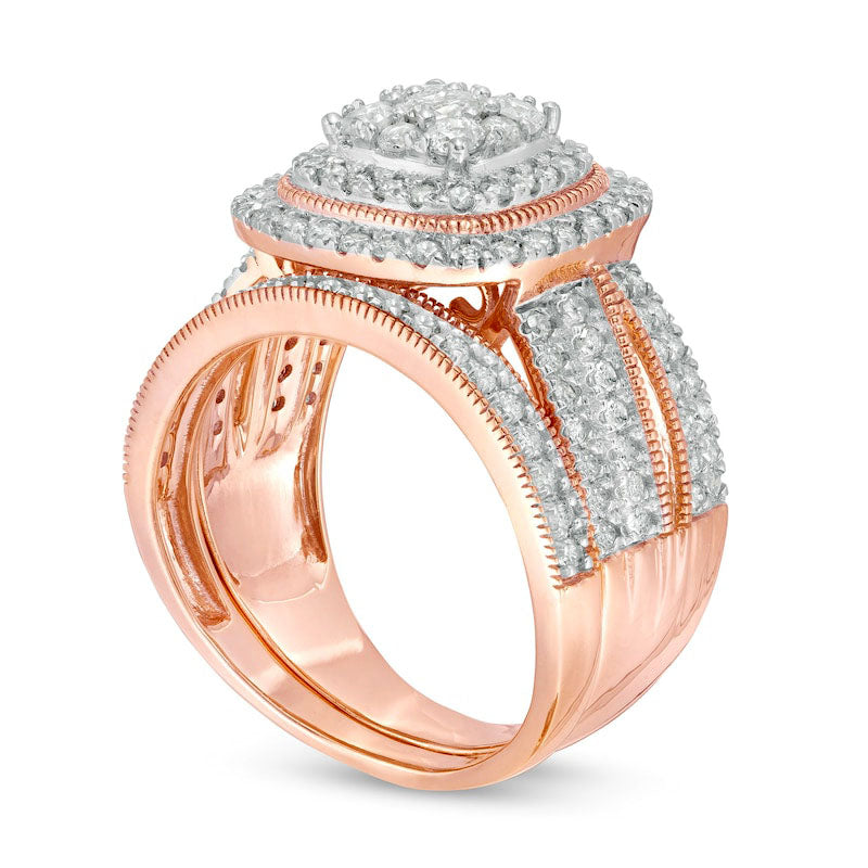 1.33 CT. T.W. Composite Natural Diamond Cushion Frame Antique Vintage-Style Bridal Engagement Ring Set in Solid 10K Rose Gold