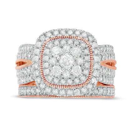 1.33 CT. T.W. Composite Natural Diamond Cushion Frame Antique Vintage-Style Bridal Engagement Ring Set in Solid 10K Rose Gold