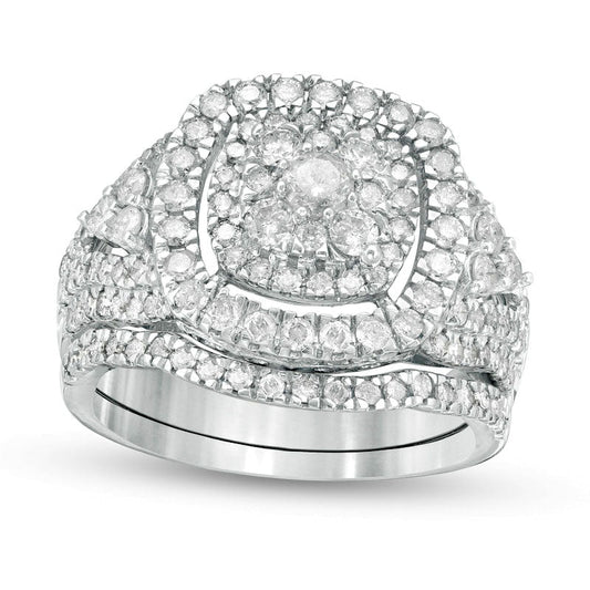 1.5 CT. T.W. Composite Natural Diamond Cushion Frame Bridal Engagement Ring Set in Solid 10K White Gold