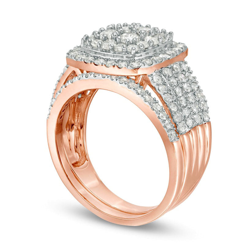 1.5 CT. T.W. Composite Natural Diamond Cushion Frame Bridal Engagement Ring Set in Solid 10K Rose Gold