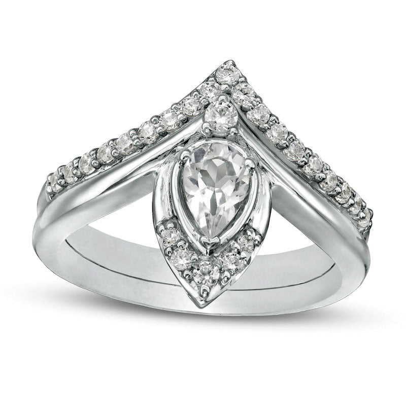 Pear-Shaped Lab-Created White Sapphire and 0.33 CT. T.W. Diamond Chevron Bridal Engagement Ring Set in Solid 10K White Gold