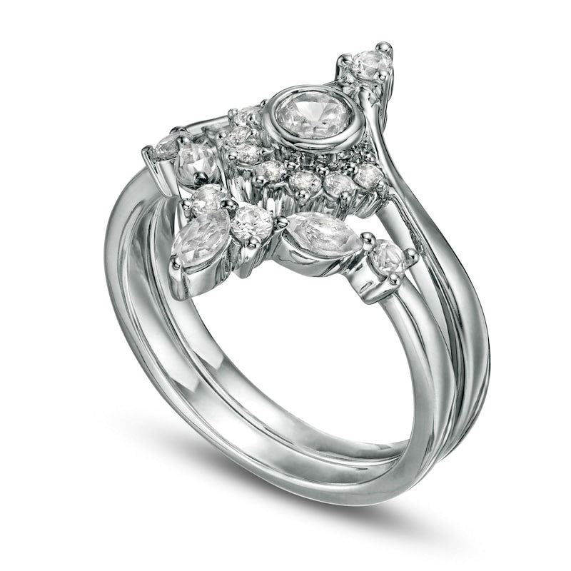 Lab-Created White Sapphire and 0.10 CT. T.W. Diamond Sunrise Chevron Bridal Engagement Ring Set in Sterling Silver