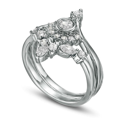 Lab-Created White Sapphire and 0.10 CT. T.W. Diamond Sunrise Chevron Bridal Engagement Ring Set in Sterling Silver