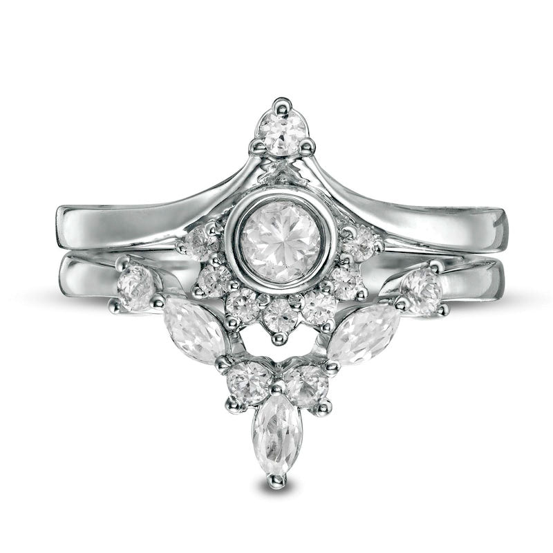 Lab-Created White Sapphire and 0.10 CT. T.W. Diamond Sunrise Chevron Bridal Engagement Ring Set in Sterling Silver