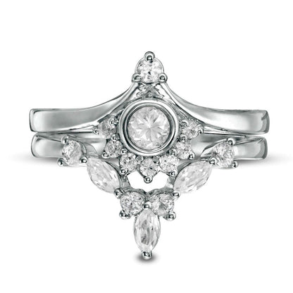 Lab-Created White Sapphire and 0.10 CT. T.W. Diamond Sunrise Chevron Bridal Engagement Ring Set in Sterling Silver