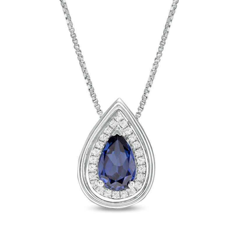 Pear-Shaped Lab-Created Blue and White Sapphire Frame Teardrop Pendant in Sterling Silver
