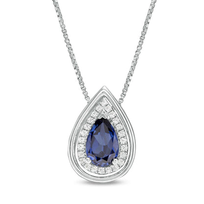 Pear-Shaped Lab-Created Blue and White Sapphire Frame Teardrop Pendant in Sterling Silver