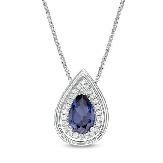 Pear-Shaped Lab-Created Blue and White Sapphire Frame Teardrop Pendant in Sterling Silver