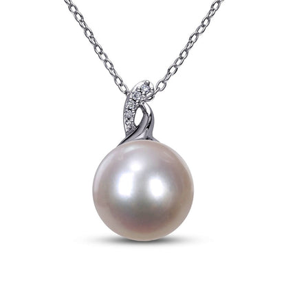 12.0-12.5mm Button Cultured Freshwater Pearl and Natural Diamond Accent Pendant in Sterling Silver