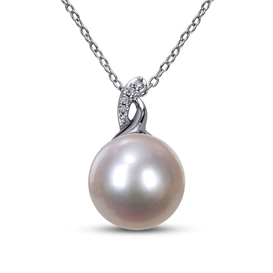 12.0-12.5mm Button Cultured Freshwater Pearl and Natural Diamond Accent Pendant in Sterling Silver