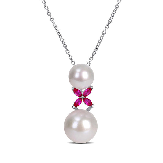 8.5-12.0mm Cultured Freshwater Pearl and Marquise Lab-Created Ruby X" Drop Pendant in Sterling Silver"