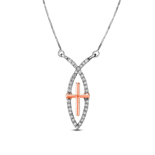 0.25 CT. T.W. Natural Diamond Ichthus with Cross Necklace in 10K Two-Tone Gold