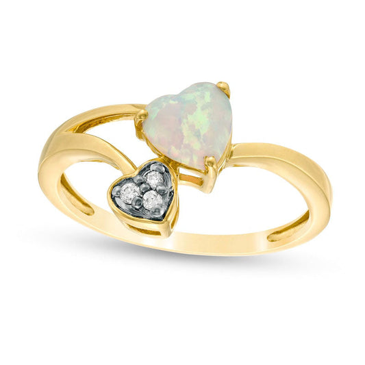 6.0mm Heart-Shaped Lab-Created Opal and Diamond Accent Bypass Split Shank Ring in Solid 10K Yellow Gold