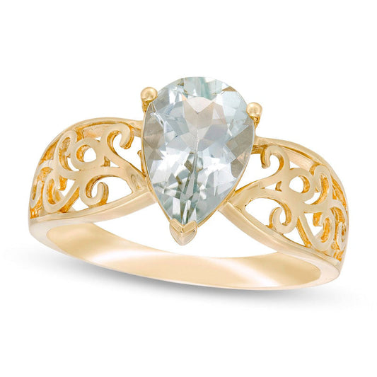 Pear-Shaped Aquamarine Wide Filigree Ring in Solid 10K Yellow Gold