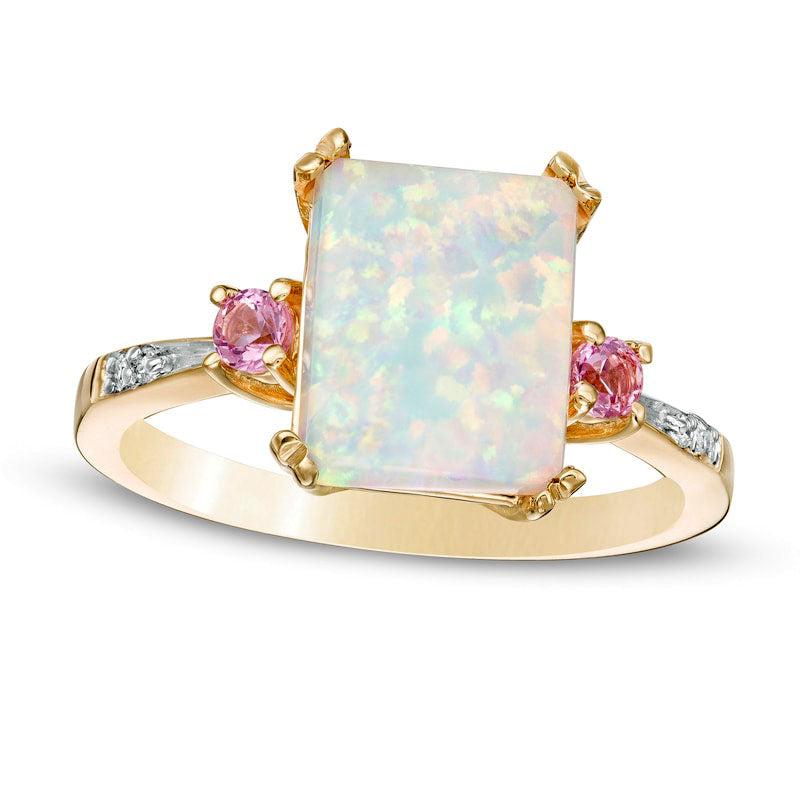 Emerald-Cut Lab-Created Opal and Pink Sapphire with Diamond Accent Three Stone Ring in Solid 10K Yellow Gold