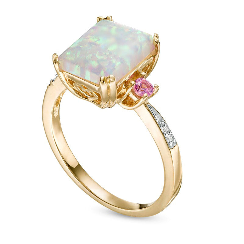 Emerald-Cut Lab-Created Opal and Pink Sapphire with Diamond Accent Three Stone Ring in Solid 10K Yellow Gold