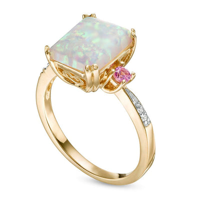 Emerald-Cut Lab-Created Opal and Pink Sapphire with Diamond Accent Three Stone Ring in Solid 10K Yellow Gold