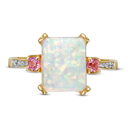 Emerald-Cut Lab-Created Opal and Pink Sapphire with Diamond Accent Three Stone Ring in Solid 10K Yellow Gold