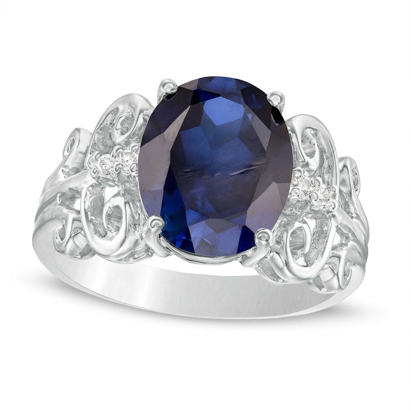 Oval Lab-Created Blue Sapphire and 0.05 CT. T.W. Diamond Antique Vintage-Style Scroll Ring in Solid 10K White Gold