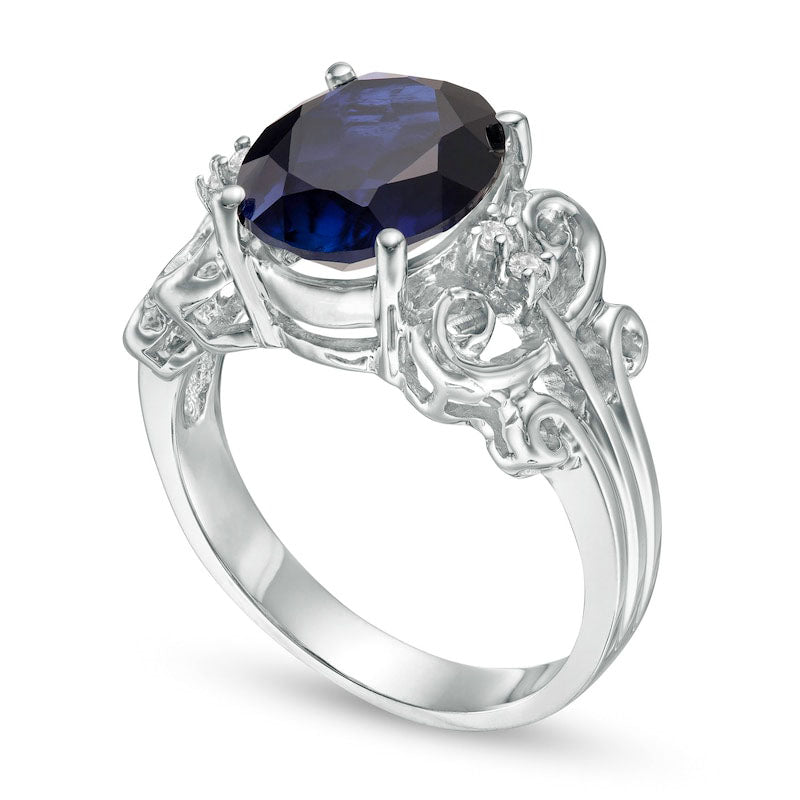 Oval Lab-Created Blue Sapphire and 0.05 CT. T.W. Diamond Antique Vintage-Style Scroll Ring in Solid 10K White Gold