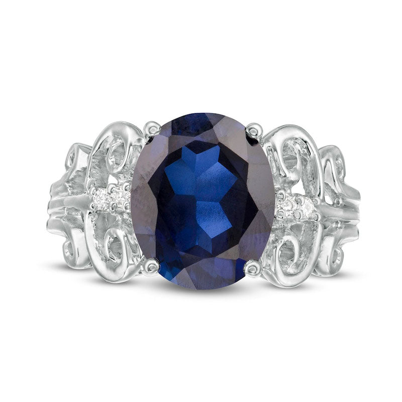 Oval Lab-Created Blue Sapphire and 0.05 CT. T.W. Diamond Antique Vintage-Style Scroll Ring in Solid 10K White Gold