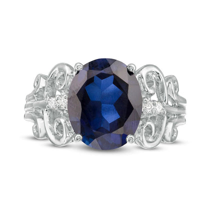 Oval Lab-Created Blue Sapphire and 0.05 CT. T.W. Diamond Antique Vintage-Style Scroll Ring in Solid 10K White Gold