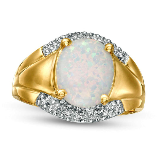 Oval Lab-Created Opal and 0.07 CT. T.W. Diamond Edge Signet Ring in Solid 10K Yellow Gold