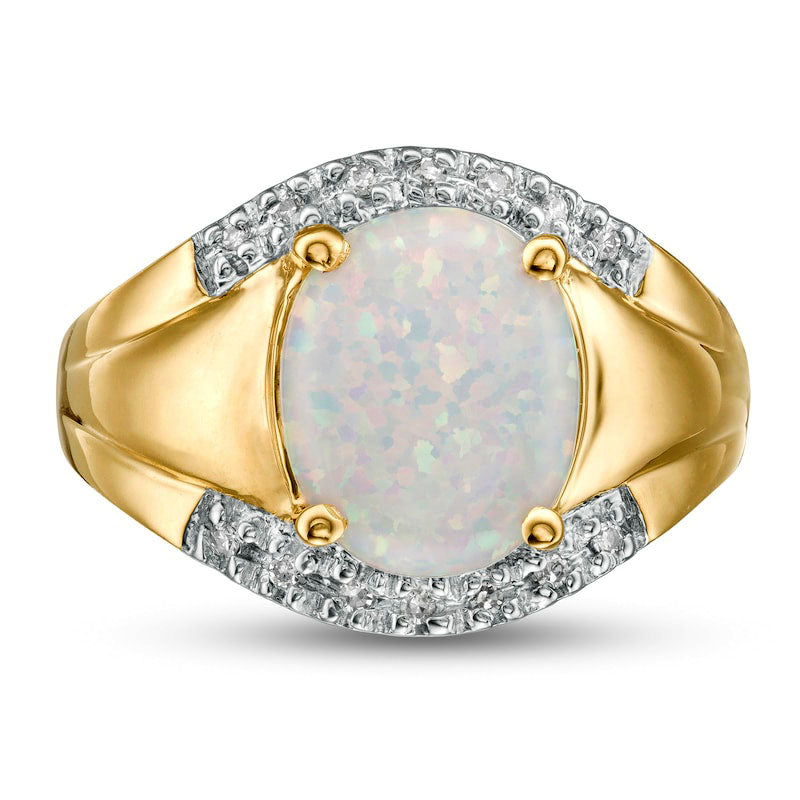 Oval Lab-Created Opal and 0.07 CT. T.W. Diamond Edge Signet Ring in Solid 10K Yellow Gold