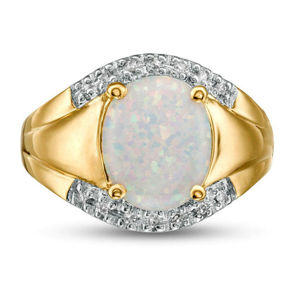 Oval Lab-Created Opal and 0.07 CT. T.W. Diamond Edge Signet Ring in Solid 10K Yellow Gold