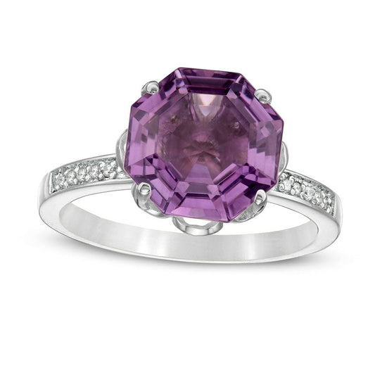 10.0mm Octagonal Amethyst and 0.10 CT. T.W. Natural Diamond Flower Ring in Solid 10K White Gold